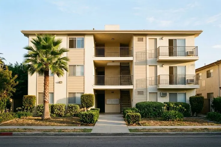 Mid-century Los Angeles apartment building on a street lined with palms