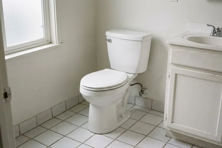New white toilet installed in a tiled bathroom next to a vanity cabinet